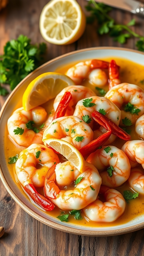 Delicious Garlic Butter Shrimp Recipe A plate of garlic butter shrimp garnished with parsley and lemon, on a rustic wooden table.